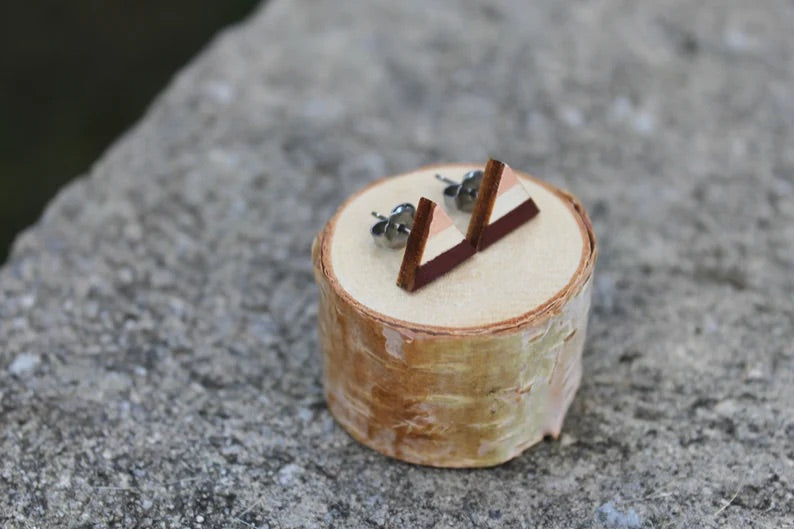 Burgundy & Peach Wooden Triangle Earrings