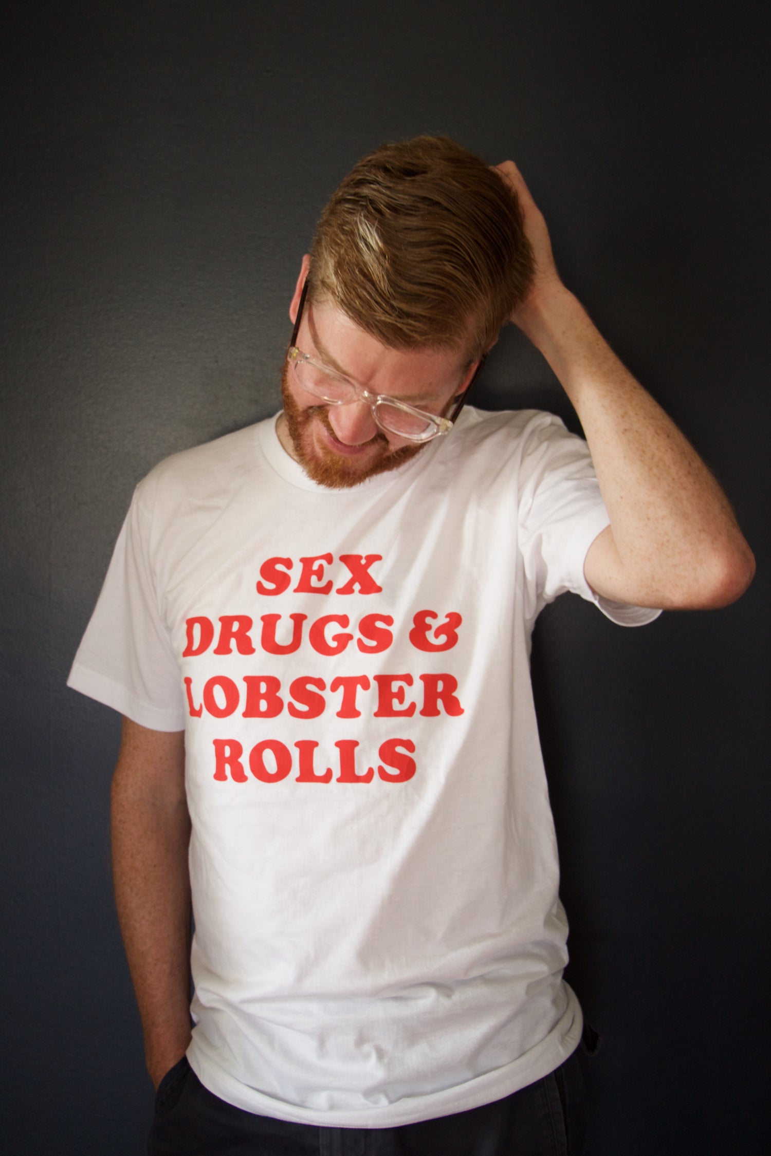 Sex, Drugs, & Lobster Rolls Unisex T-Shirt - White & Navy