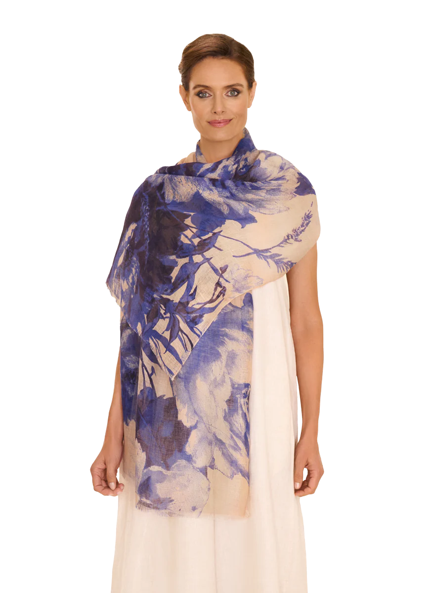 Linen / Cotton Scarf -  China Blue Blooms