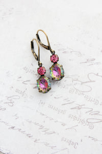 A Pocket of Posies - Aurora Iridescent Oval Glass with Etched Floral Drop Earring