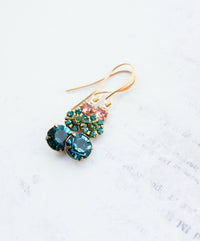 Three Jewel Drop Vintage Glass Earrings - Deep Teal and Peach