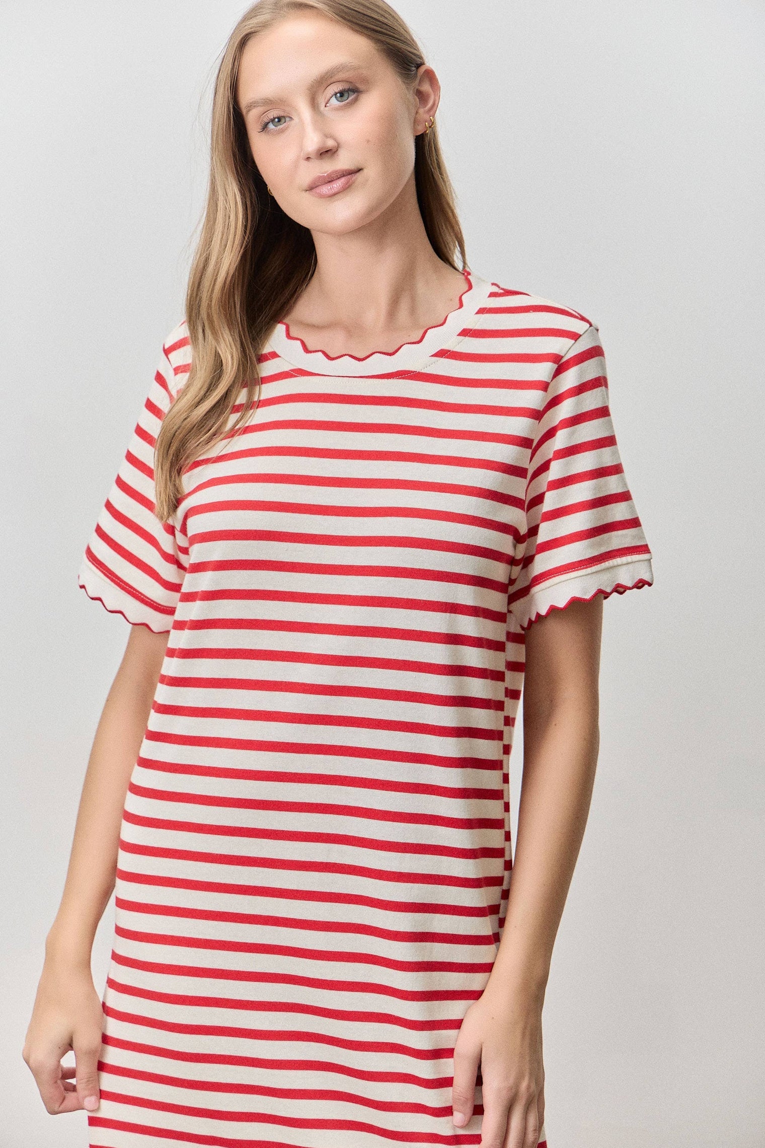 Polagram by Wellmade USA - Scallop Trim Striped Short Sleeve Maxi Dress