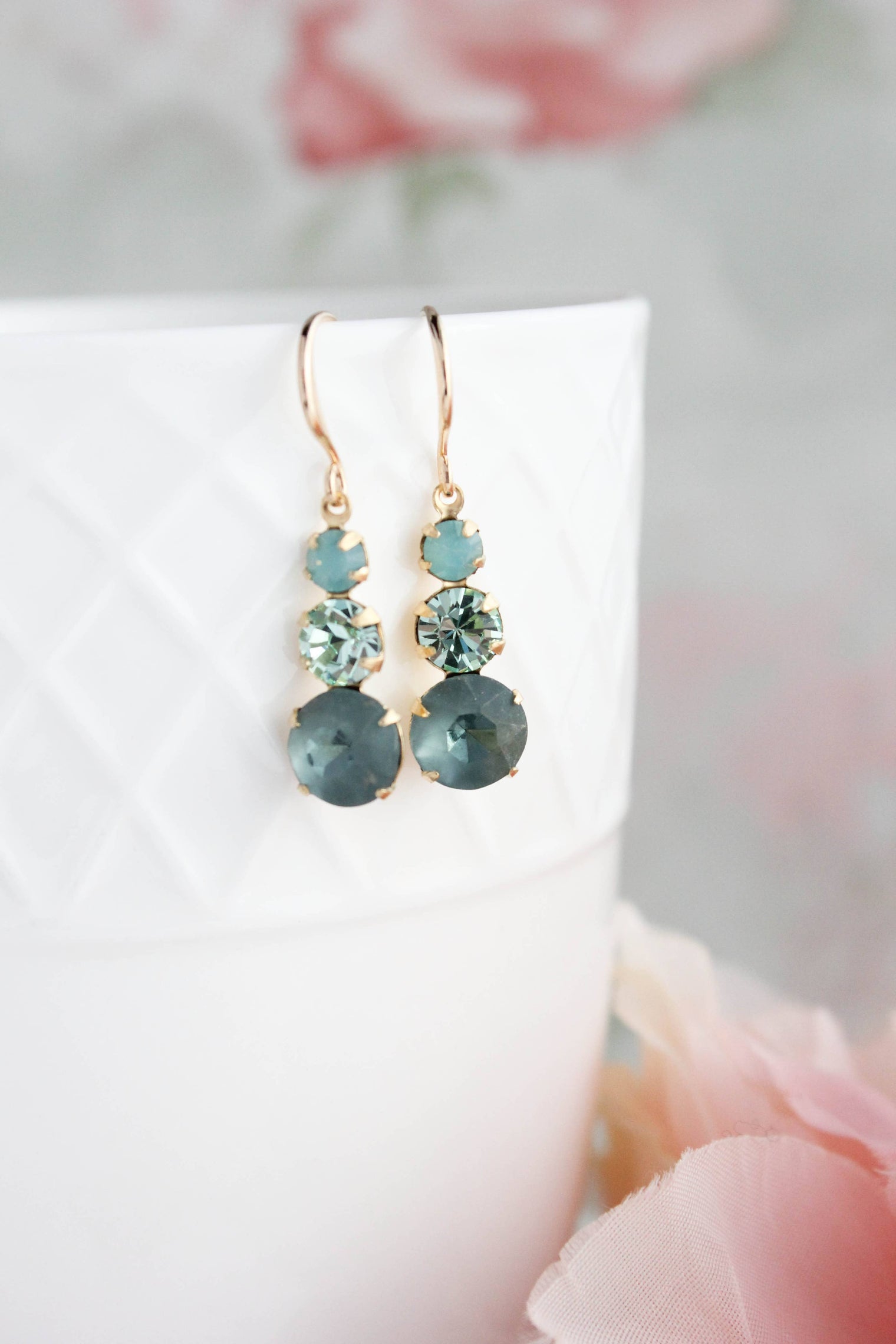 A Pocket of Posies - Vintage Glass Earrings -Three Jewel - Peacock Green and Blue