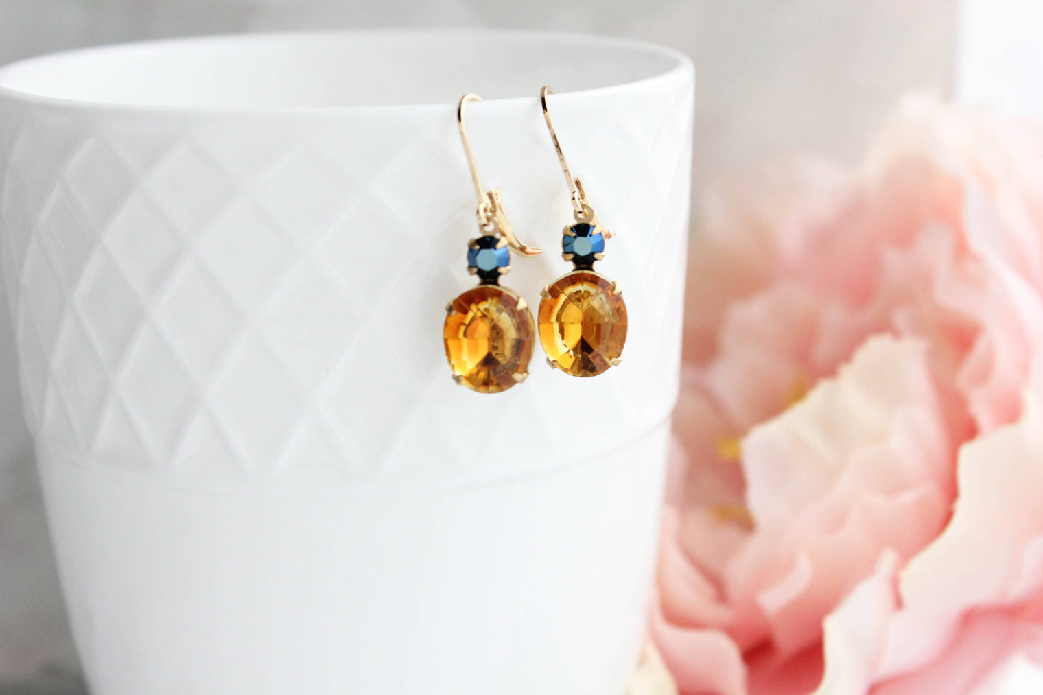 Oval Drop Earrings - Topaz and Navy Blue