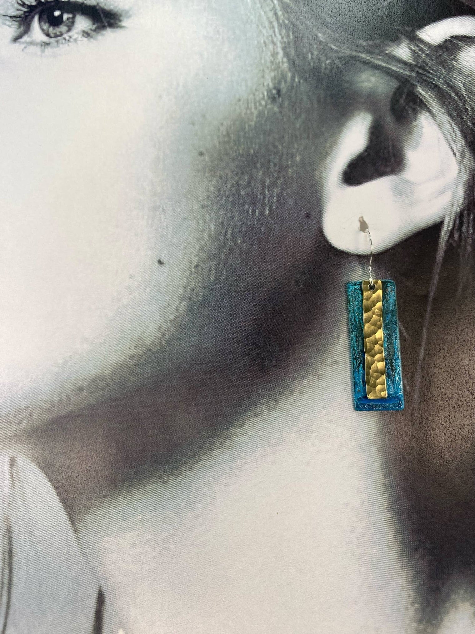 David Stepan - Earring with Blue Patina Rectangle and Overlaying Hammered Brass