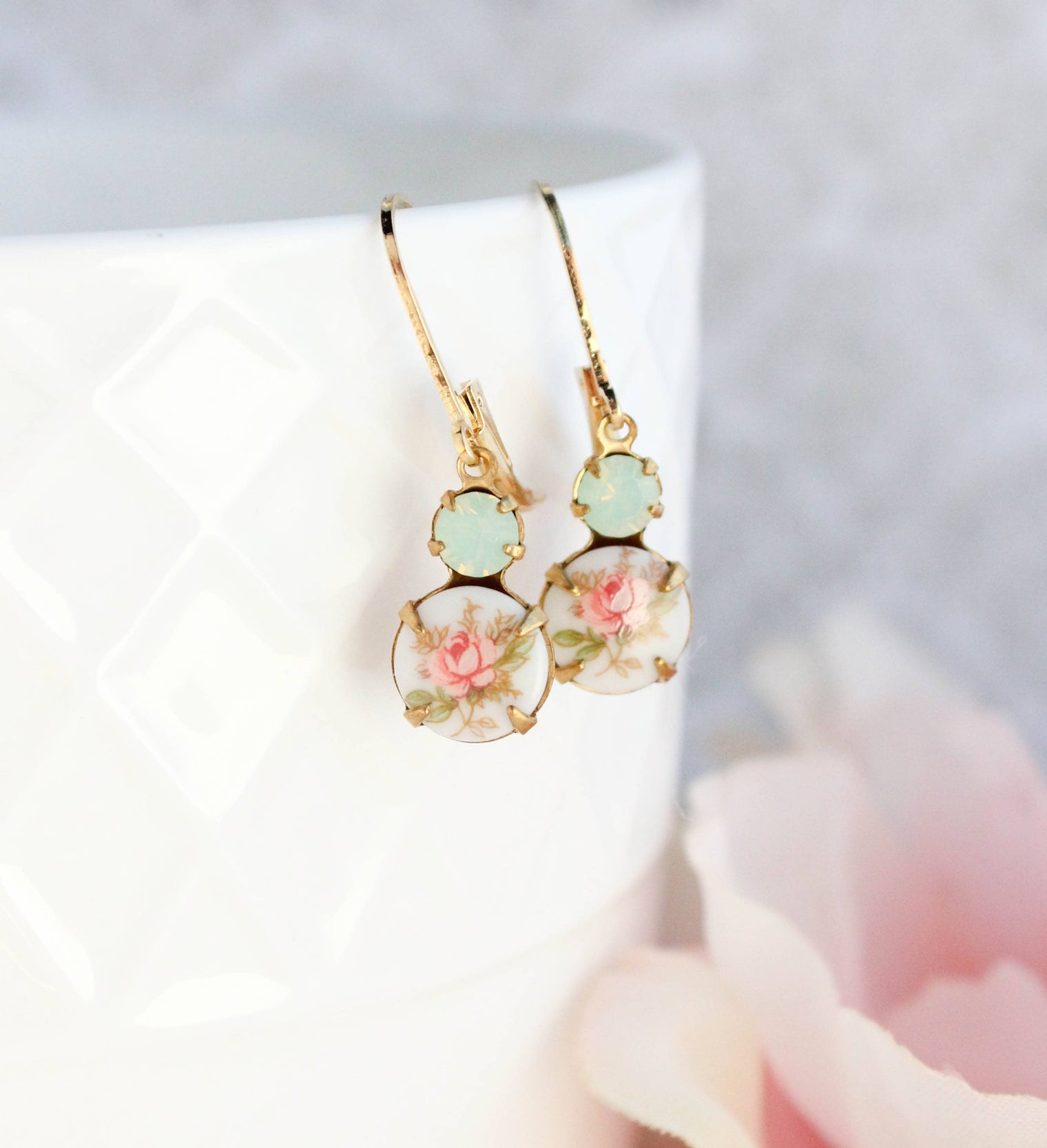 A Pocket of Posies - Small Drop Earrings - Vintage Glass - Pink Rose and Mint