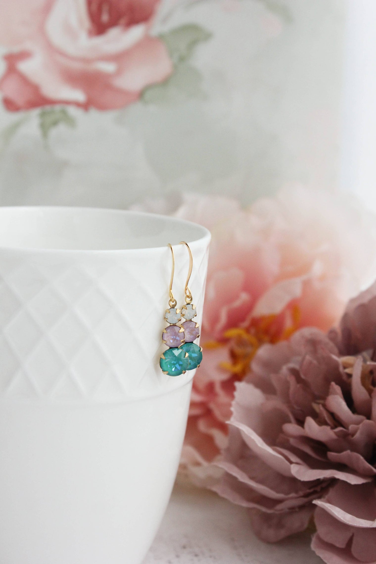 Three Jewel Drop Earrings - Teal and Lavender