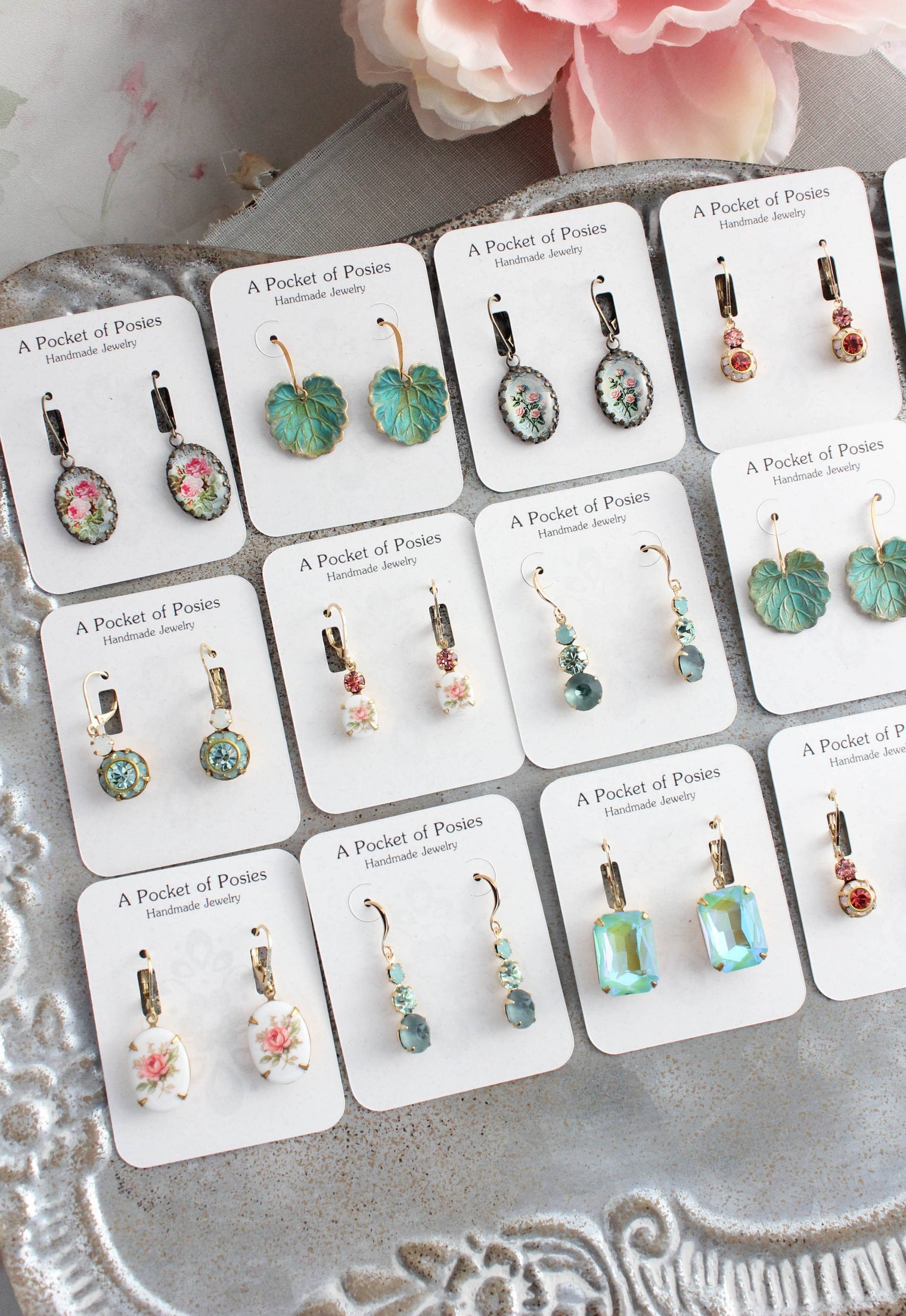 A Pocket of Posies - Vintage Glass Earrings -Three Jewel - Peacock Green and Blue