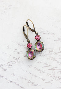 A Pocket of Posies - Aurora Iridescent Oval Glass with Etched Floral Drop Earring