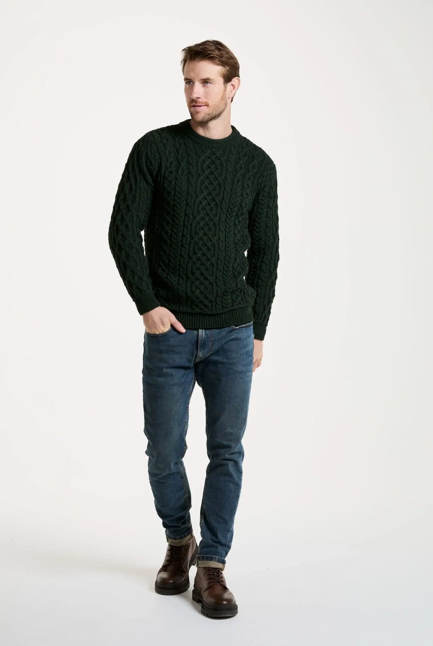 Aran Woollen Mills - Inishturk Mens Aran Sweater -  Emerald Green