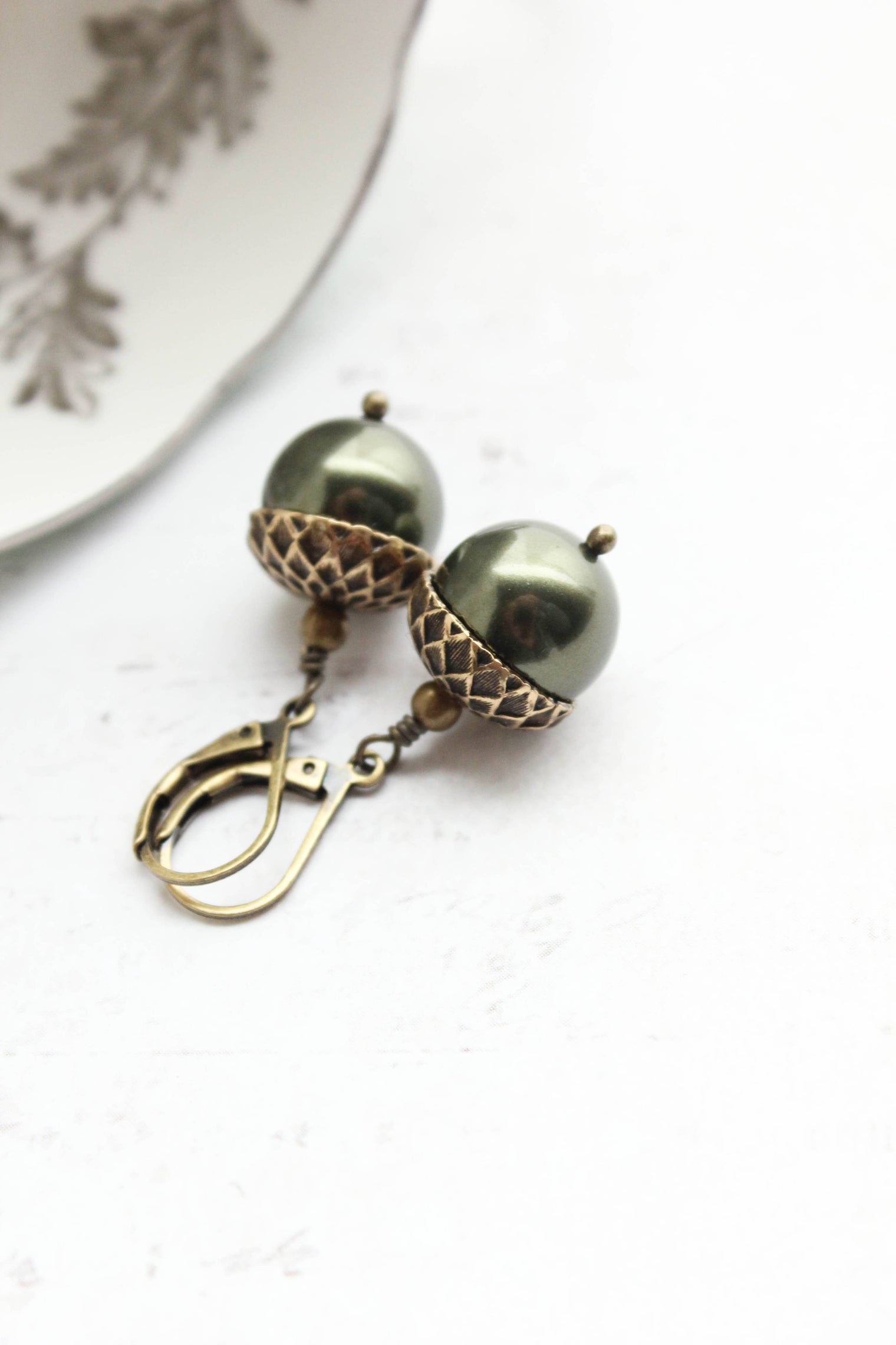 Pearl Acorn Earrings - Green Pearl Antiqued Brass