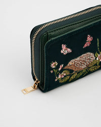 Fable England UK - Hedgehog Embroidered Small Purse in Forest Green Velvet