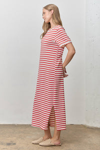 Polagram by Wellmade USA - Scallop Trim Striped Short Sleeve Maxi Dress