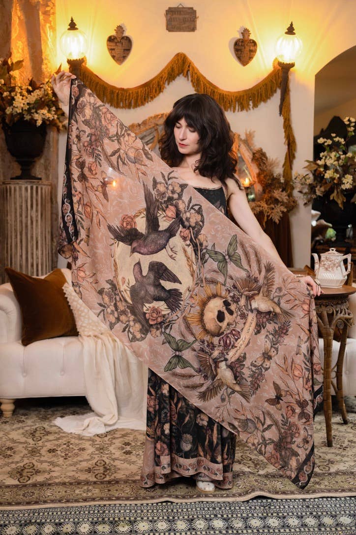 Market of Stars - Momento Bohemian Scarf w/ Floral Print, Starlings & Skull