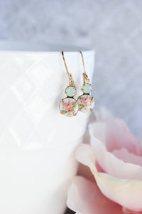 A Pocket of Posies - Small Drop Earrings - Vintage Glass - Pink Rose and Mint