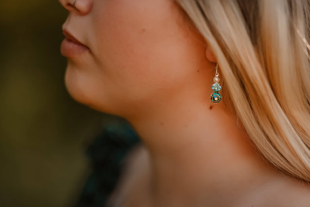 A Pocket of Posies - Vintage Glass Earrings -Three Jewel - Blue Zircon and Pearl