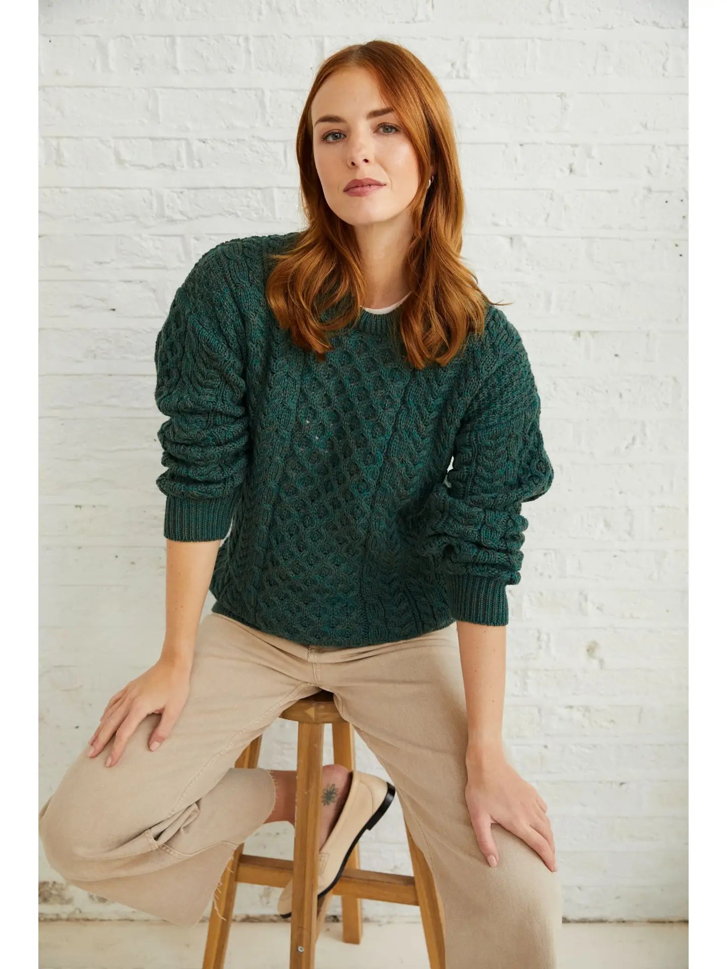 Aran Woollen Mills - Inisheer Traditional Ladies Aran Sweater -  Green and Flecked Cream