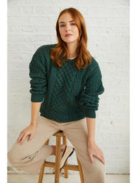 Aran Woollen Mills - Inisheer Traditional Ladies Aran Sweater -  Green and Flecked Cream