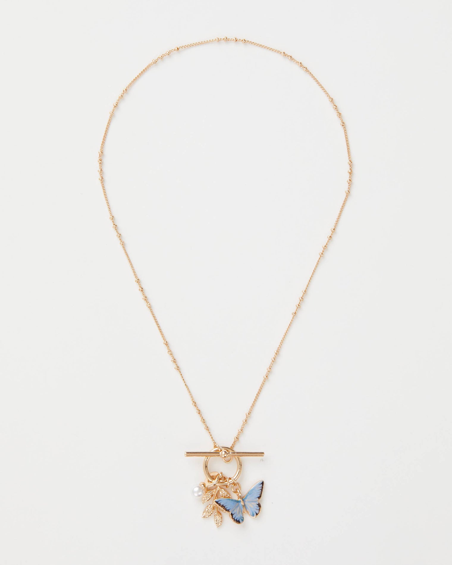 Fable England - Enamel Blue Butterfly & Leaf Charm Necklace