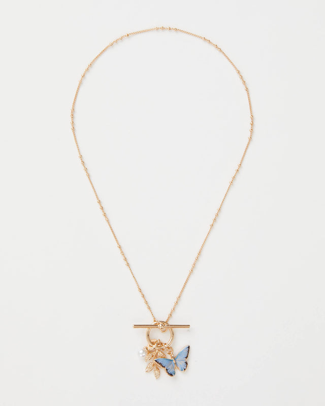 Fable England - Enamel Blue Butterfly & Leaf Charm Necklace