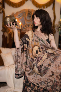 Market of Stars - Momento Bohemian Scarf w/ Floral Print, Starlings & Skull