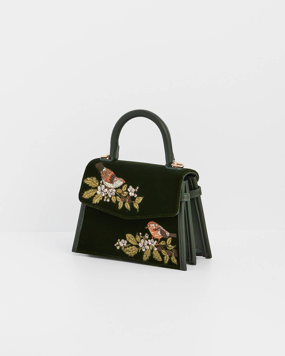Fable England UK - Eliza Wren Embroidered Top Handle Bag in Green Velvet