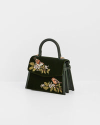 Fable England UK - Eliza Wren Embroidered Top Handle Bag in Green Velvet