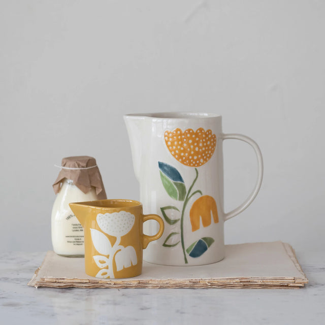 12 oz. Hand-Painted Stoneware Creamer w/ Wax Relief Flower