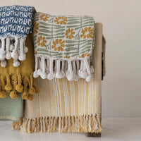 Woven Recycled Cotton Blend Printed Throw w/ Flowers & Braided Pom Pom Tassels