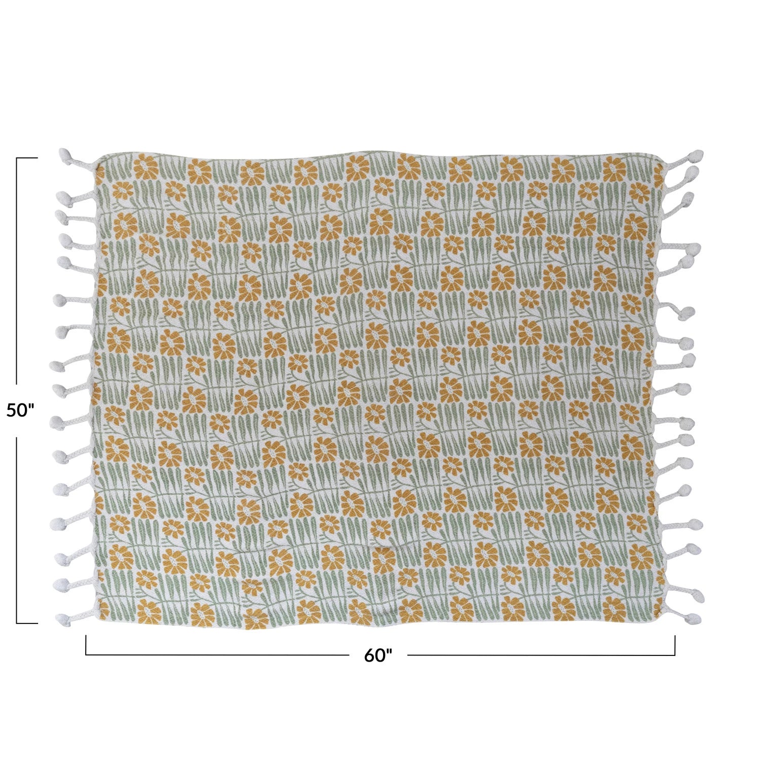 Woven Recycled Cotton Blend Printed Throw w/ Flowers & Braided Pom Pom Tassels