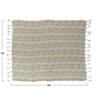 Woven Recycled Cotton Blend Printed Throw w/ Flowers & Braided Pom Pom Tassels