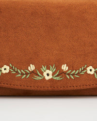 Fable England - Floral Tan Faux Suede Embroidered Purse