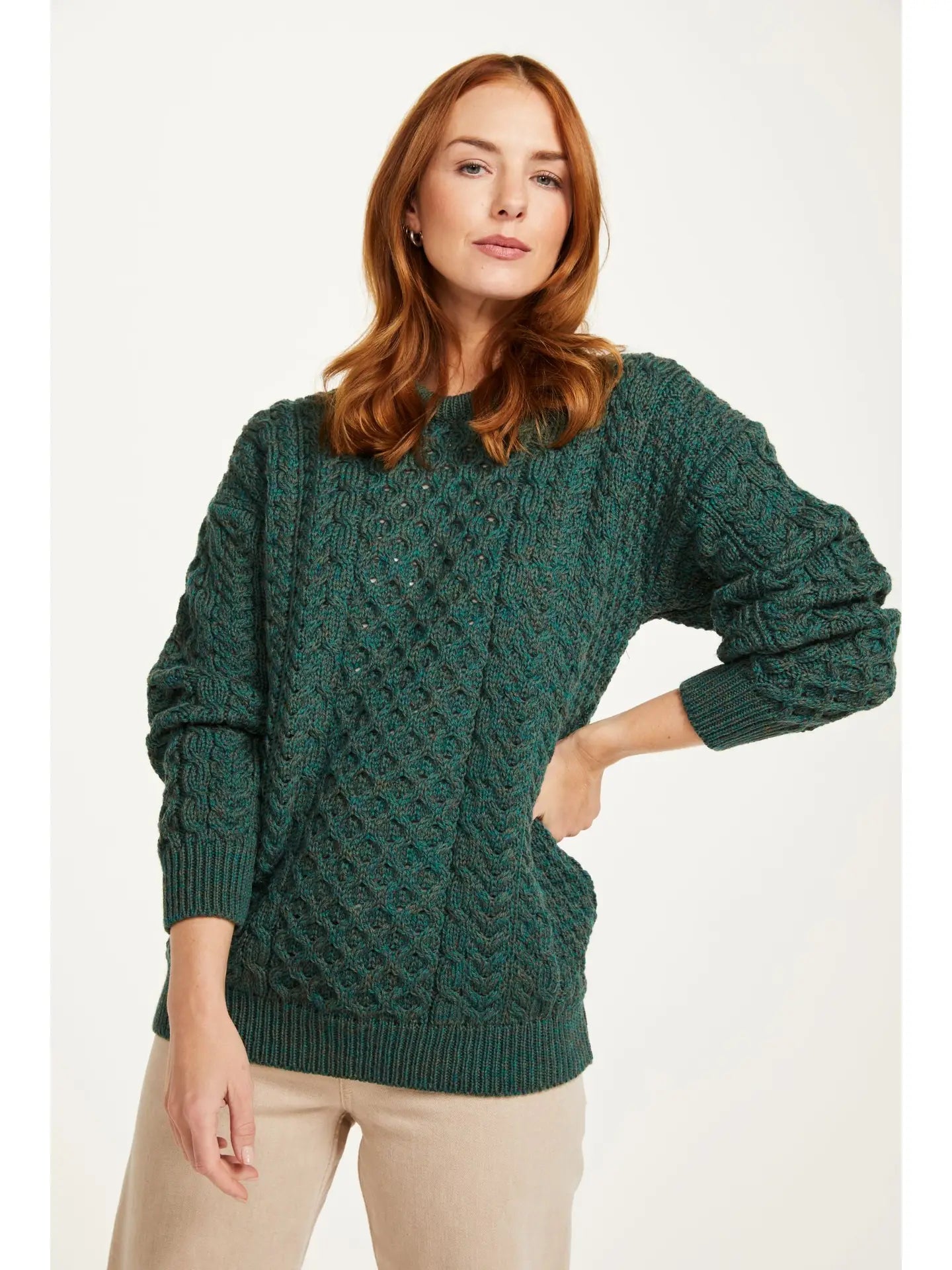 Aran Woollen Mills - Inisheer Traditional Ladies Aran Sweater -  Green and Flecked Cream
