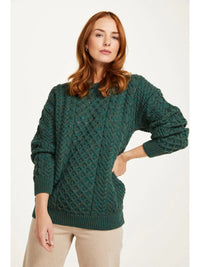 Aran Woollen Mills - Inisheer Traditional Ladies Aran Sweater -  Green and Flecked Cream