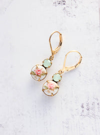 A Pocket of Posies - Small Drop Earrings - Vintage Glass - Pink Rose and Mint