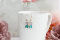 Three Jewel Drop Earrings - Teal and Lavender