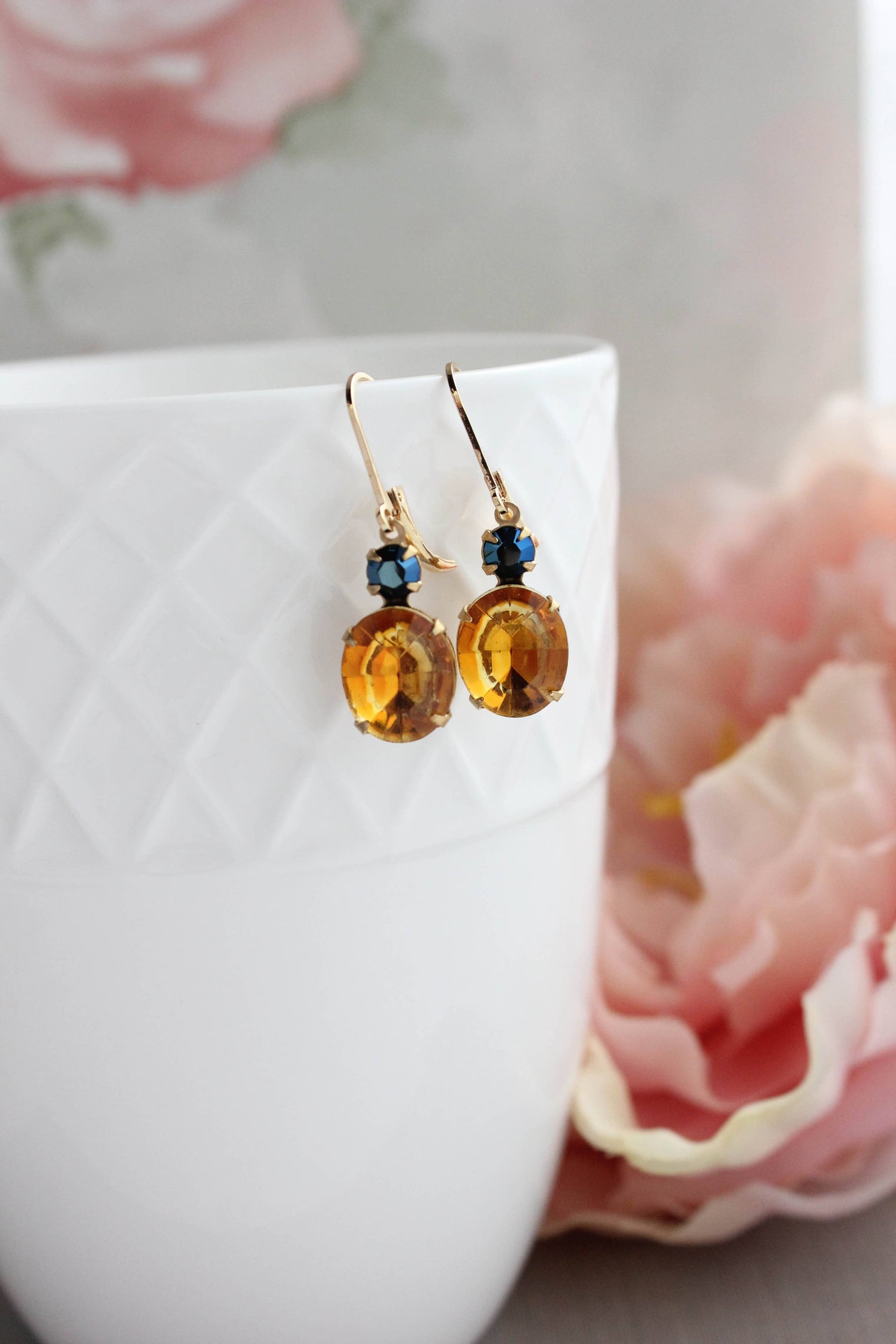 Oval Drop Earrings - Topaz and Navy Blue