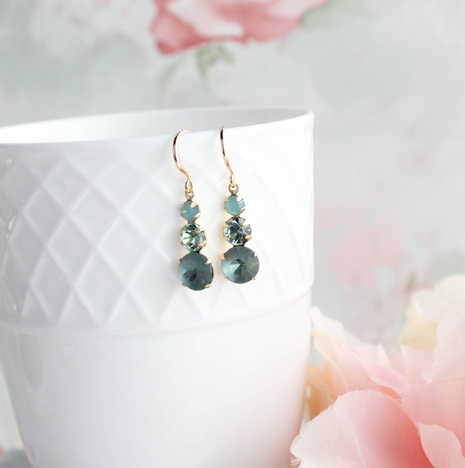 A Pocket of Posies - Vintage Glass Earrings -Three Jewel - Peacock Green and Blue
