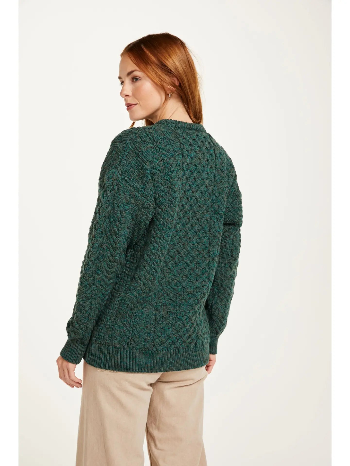 Aran Woollen Mills - Inisheer Traditional Ladies Aran Sweater -  Green and Flecked Cream