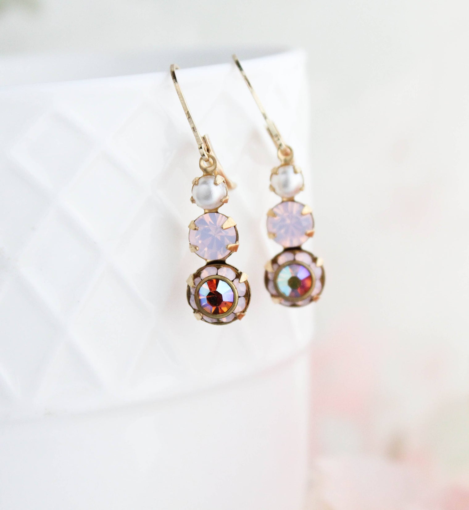 A Pocket of Posies - Vintage Glass Earrings -Three Jewel - Rose Water Opal