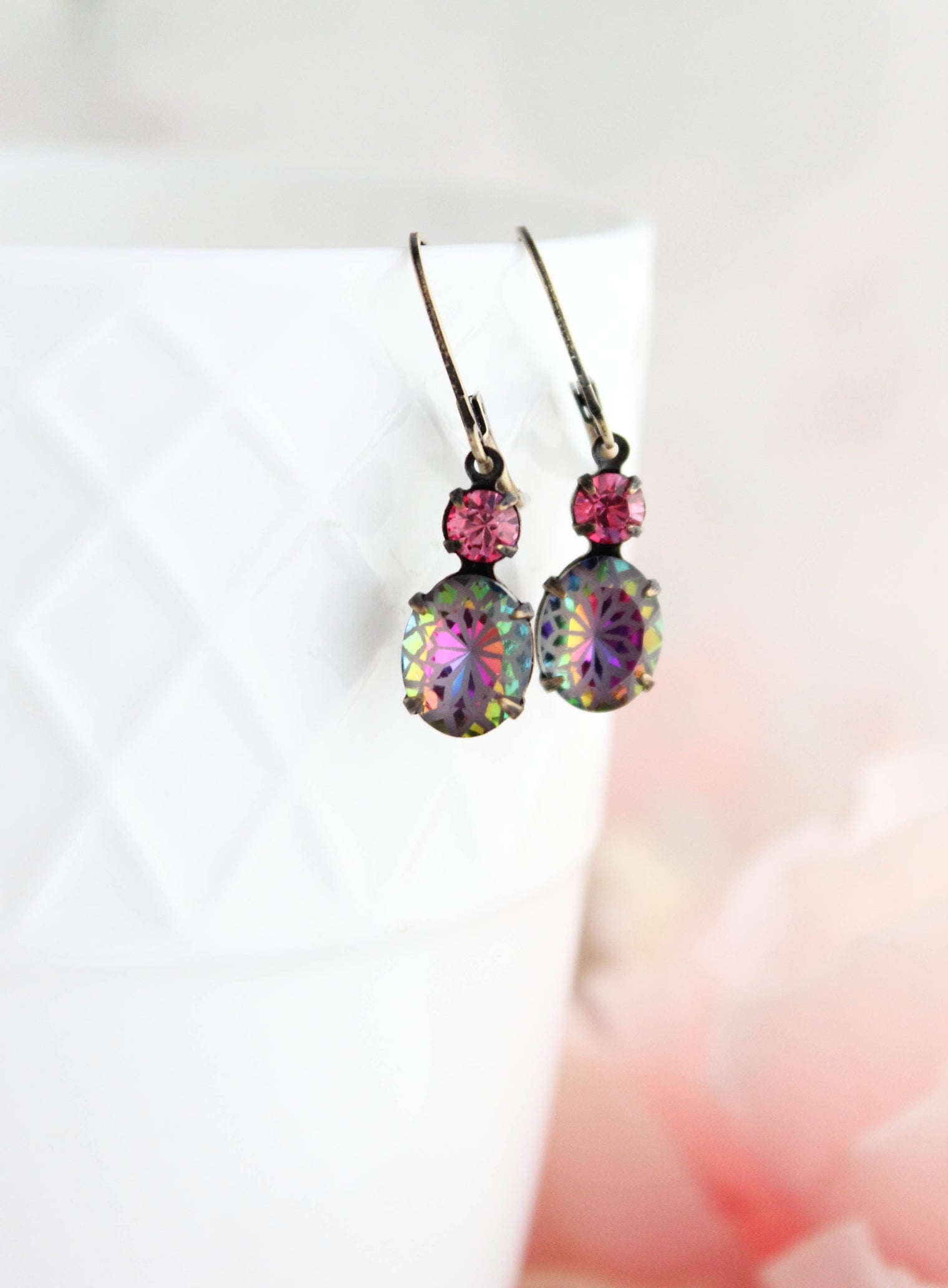 A Pocket of Posies - Aurora Iridescent Oval Glass with Etched Floral Drop Earring