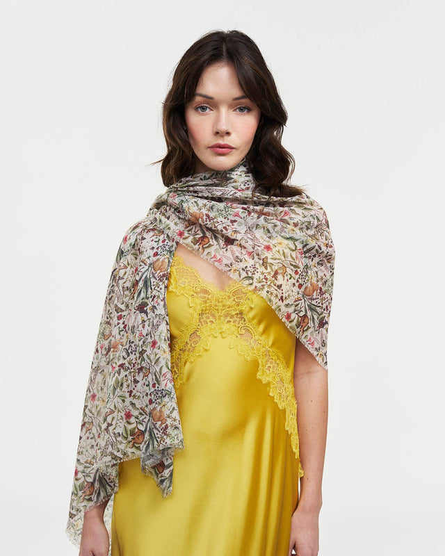 Fable England - Garden Floral Cream Lightweight Long Scarf