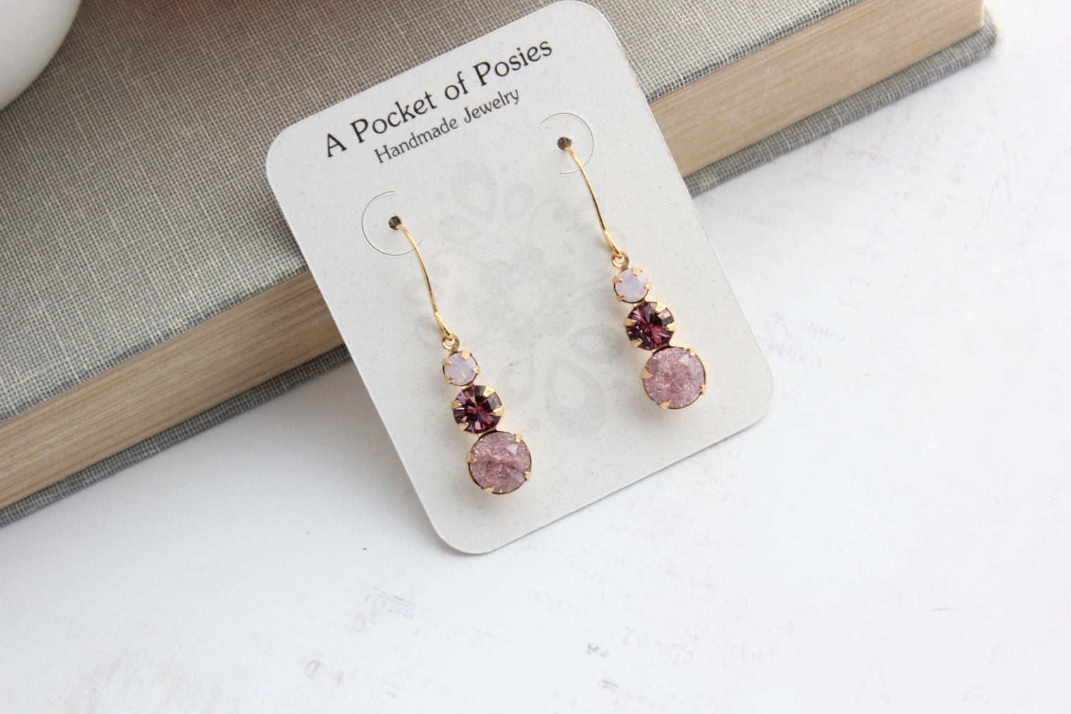 A Pocket of Posies - Vintage Glass Earrings - Three Jewel - Dusty Rose Plum