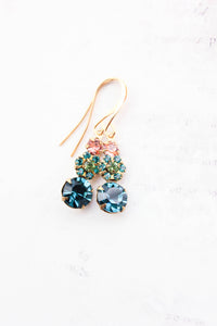 Three Jewel Drop Vintage Glass Earrings - Deep Teal and Peach