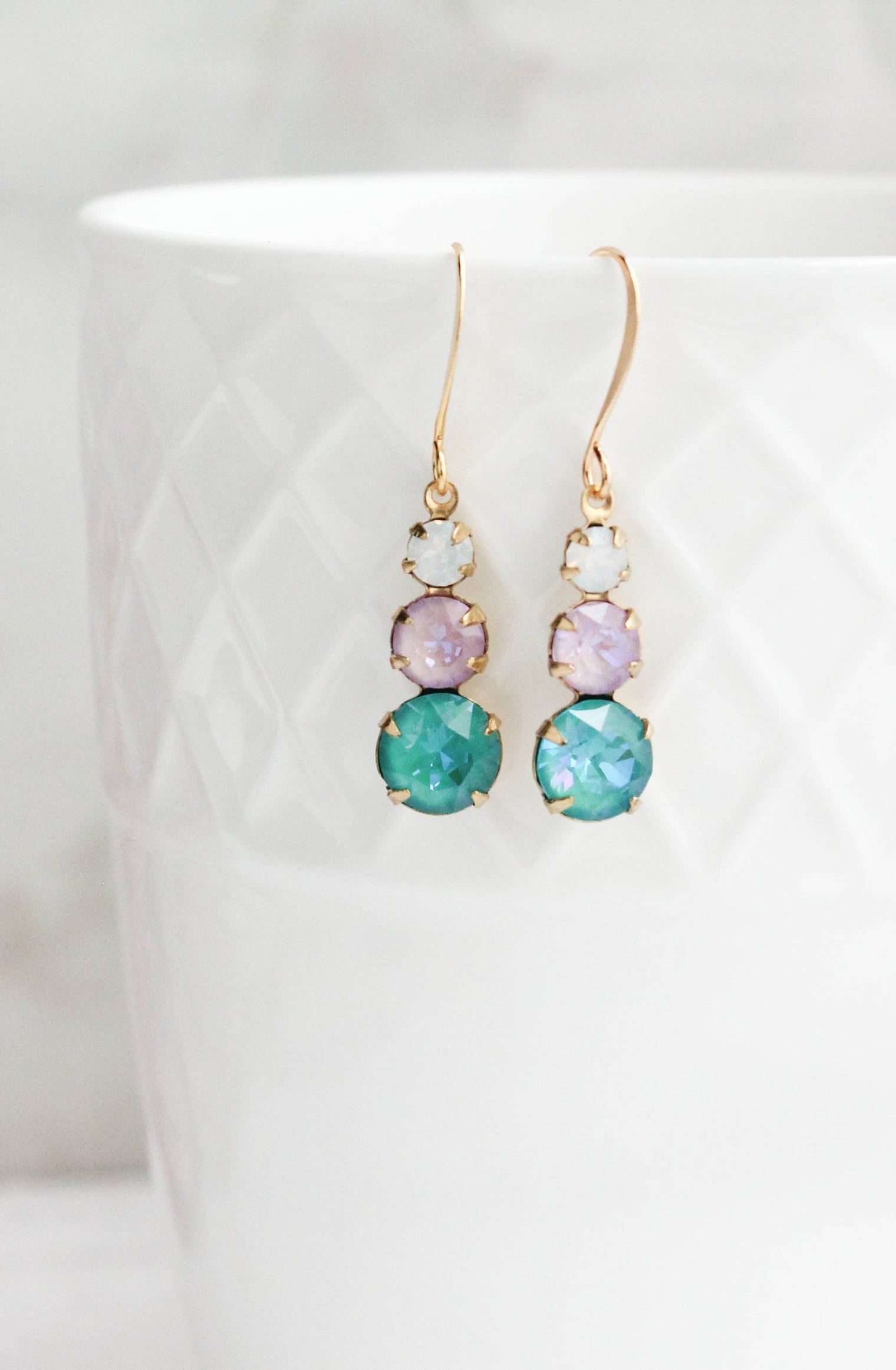 Three Jewel Drop Earrings - Teal and Lavender