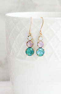 Three Jewel Drop Earrings - Teal and Lavender