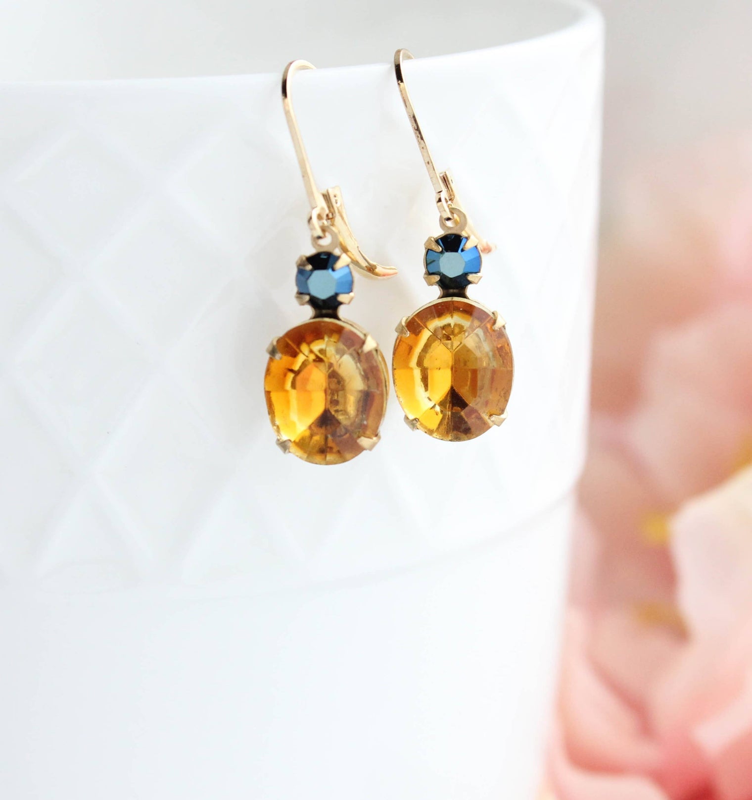 Oval Drop Earrings - Topaz and Navy Blue