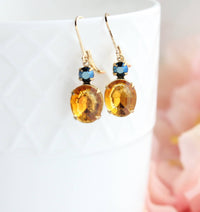 Oval Drop Earrings - Topaz and Navy Blue